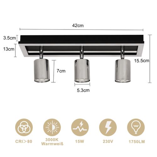 Spot De Plafond LED  3 Flammes, Noir, Gu10, Orientable, 15 W, Blanc Chaud