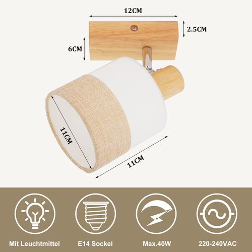 Spot LED Plafond 1 Flamme Lampe Couloir Plafonnier Bois Plafonnier E14 Vintage Orientable 350° Rétro