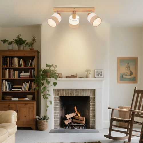 Plafonnier Spot 3 Flammes Bois - Plafonnier Vintage E14 Abat-jour Tissu Rétro Orientable 350°