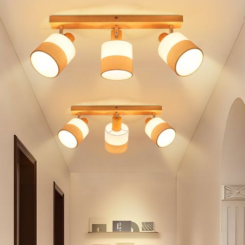 Plafonnier Spot 3 Flammes Bois - Plafonnier Vintage E14 Abat-jour Tissu Rétro Orientable 350°