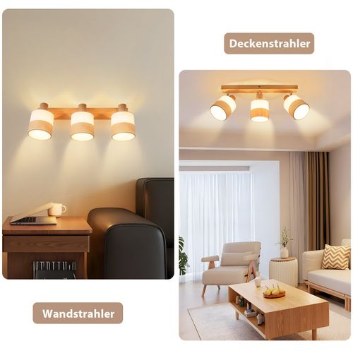 Plafonnier Spot 3 Flammes Bois - Plafonnier Vintage E14 Abat-jour Tissu Rétro Orientable 350°