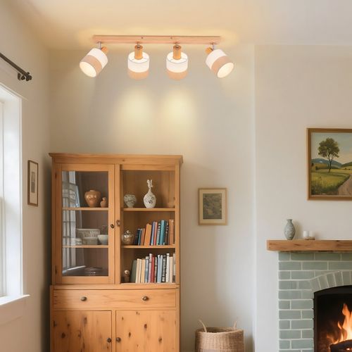 Plafonnier Spot 4 Flammes Bois - Plafonnier Vintage E14 Abat-jour Tissu Rétro Orientable 350°