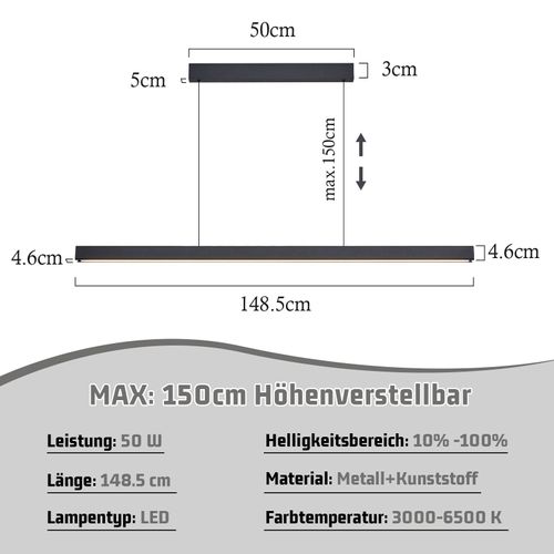 Suspension LED  Pour Salle à Manger, Intensité Variable, Noire, Moderne, 50 W, 148,5 Cm