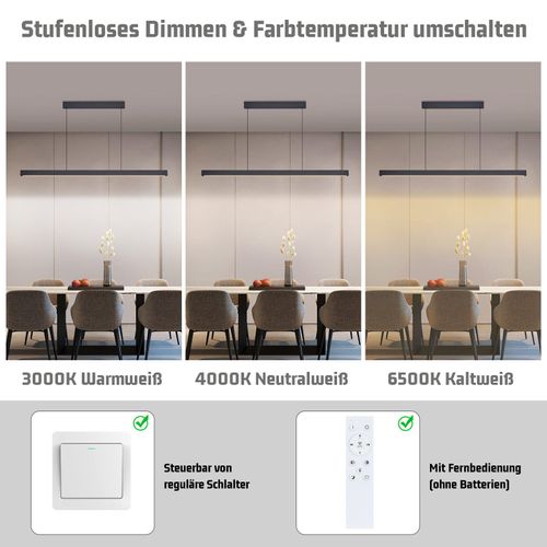 Suspension LED  Pour Salle à Manger, Intensité Variable, Noire, Moderne, 50 W, 148,5 Cm