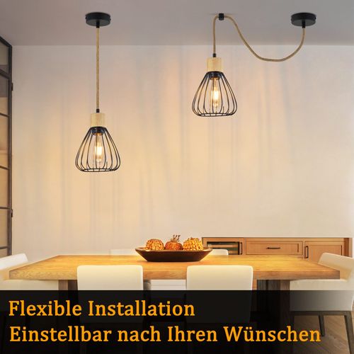 Suspension Table à Manger Métal Noir à Manger 1 Flamme Rétro Corde De Chanvre En Bois Industriel E27