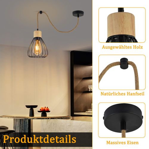 Suspension Table à Manger Métal Noir à Manger 1 Flamme Rétro Corde De Chanvre En Bois Industriel E27