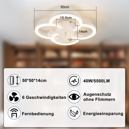 Ventilateur Plafond LED Blanc Silencieux Avec Télécommande, Lumière Dimmable 6 Vitesses et Timer