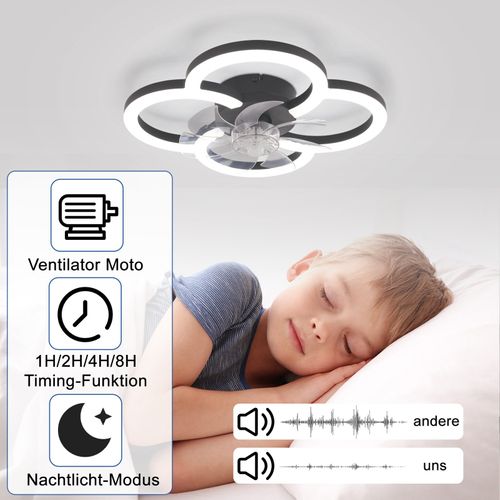Ventilateur Plafond LED Noir 40w Silencieux Avec Télécommande, Dimmable 6 Vitesses et Timer