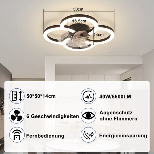 Ventilateur Plafond LED Noir 40w Silencieux Avec Télécommande, Dimmable 6 Vitesses et Timer