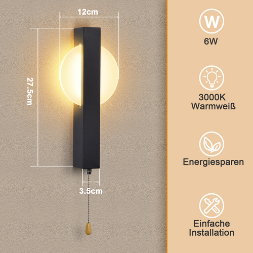Applique Murale LED Noire Avec Interrupteur à Tirette, Éclairage Intérieur 6w 3000k Blanc Chaud
