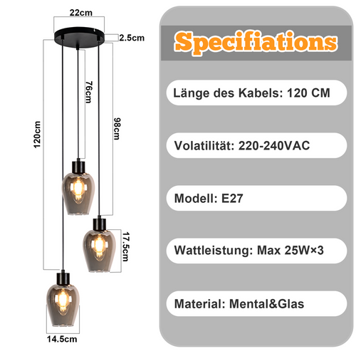 Suspension Noire Vintage Pour Table à Manger, Lampe 1-flamme E27 En Verre Fumé (sans Ampoule)