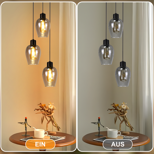 Suspension Noire Vintage Pour Table à Manger, Lampe 1-flamme E27 En Verre Fumé (sans Ampoule)