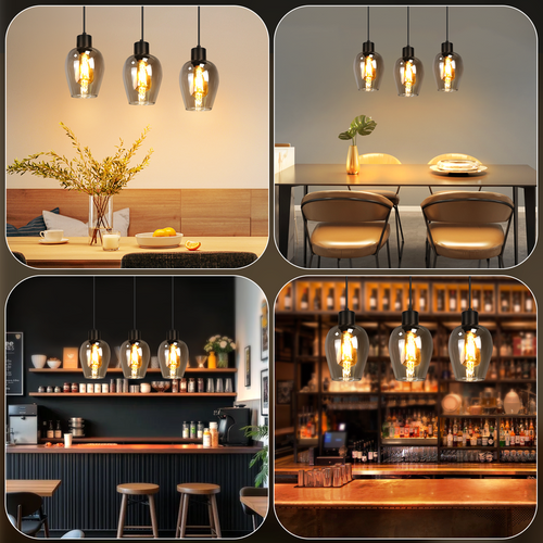 Lampe Suspendue Noire Vintage E27, 1 Lumière En Verre Fumé Pour Cuisine Ou Salon (sans Ampoule)