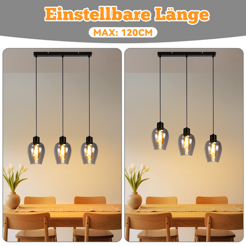 Lampe Suspendue Noire Vintage E27, 1 Lumière En Verre Fumé Pour Cuisine Ou Salon (sans Ampoule)