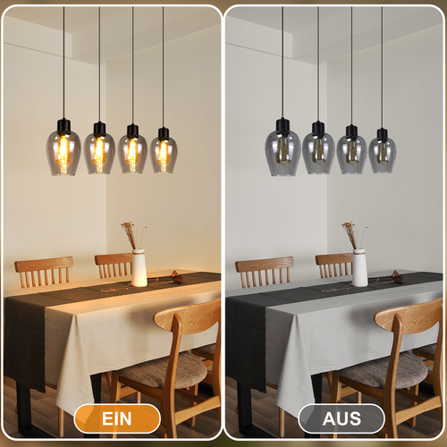 Suspension Noire Vintage E27, 1-flamme Verre Fumé Pour Cuisine Et Chambre à Coucher (sans Ampoule)