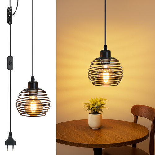 Suspension Vintage Industrielle Noire, 1 Ampoule E27, Câble 4.5m Avec Prise Et Interrupteur Inclus