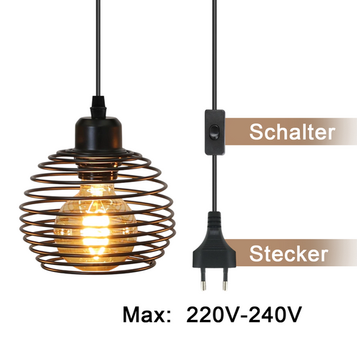 Suspension Vintage Industrielle Noire, 1 Ampoule E27, Câble 4.5m Avec Prise Et Interrupteur Inclus