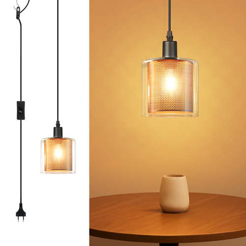 Suspension Vintage Dorée En Verre, 1 Ampoule E14, Câble 4.5m Avec Prise Et Interrupteur Rétro