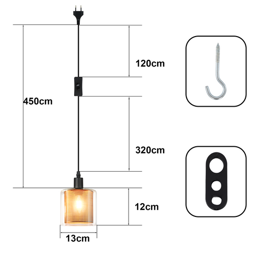 Suspension Vintage Dorée En Verre, 1 Ampoule E14, Câble 4.5m Avec Prise Et Interrupteur Rétro