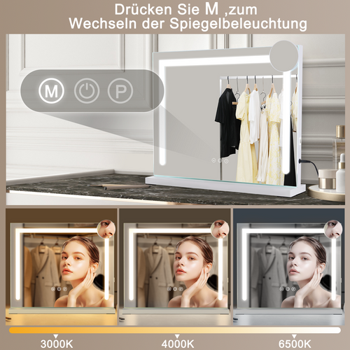 Grand Miroir Maquillage Lumineux 80x60 Cm, LED Tactile Dimmable Pour Coiffeuse Salle De Bain Design