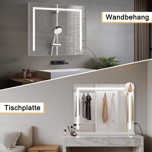 Grand Miroir Maquillage Lumineux 80x60 Cm, LED Tactile Dimmable Pour Coiffeuse Salle De Bain Design