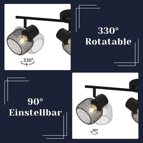 Plafonnier 3 Spots E27 Vintage Noir, Luminaire Métal Orientable pour Salon Cuisine