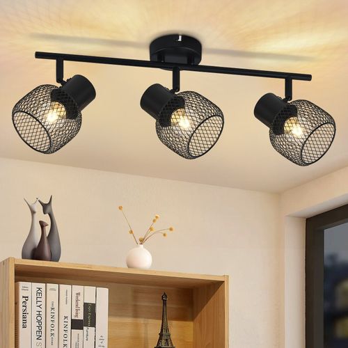 Plafonnier 3 Spots E27 Vintage Noir, Luminaire Métal Orientable pour Salon Cuisine
