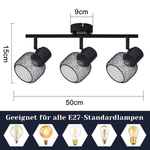 Plafonnier 3 Spots E27 Vintage Noir, Luminaire Métal Orientable pour Salon Cuisine
