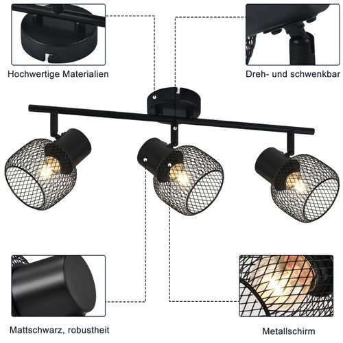 Plafonnier 3 Spots E27 Vintage Noir, Luminaire Métal Orientable pour Salon Cuisine