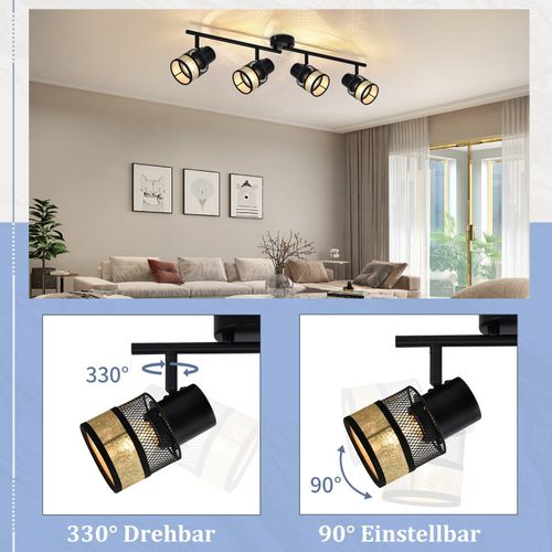 Plafonnier 4 Spots Métal E27 Max. 25w Vintage Noir 330° Abat-jour En Tissu Doré