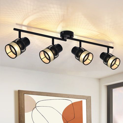 Plafonnier 4 Spots Métal E27 Max. 25w Vintage Noir 330° Abat-jour En Tissu Doré