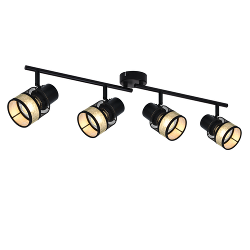 Plafonnier 4 Spots Métal E27 Max. 25w Vintage Noir 330° Abat-jour En Tissu Doré