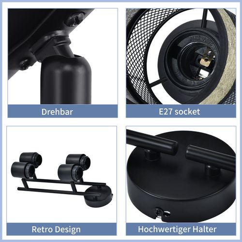 Plafonnier 4 Spots Métal E27 Max. 25w Vintage Noir 330° Abat-jour En Tissu Doré