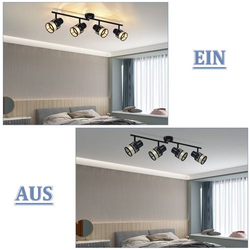 Plafonnier 4 Spots Métal E27 Max. 25w Vintage Noir 330° Abat-jour En Tissu Doré