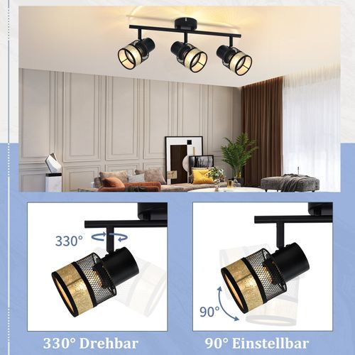 Plafonnier 3 Spots De E27 Métal Max. 25w Noir - Doré Vintage Abat-jour En Tissu Rotatif à 330°