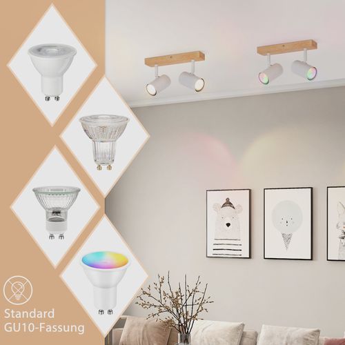 Plafonnier 2 Spots Bois Blanc Gu10 Moderne Orientable 350° Salon