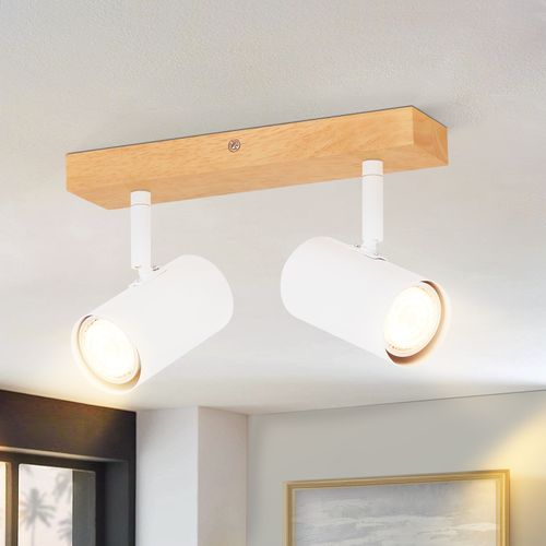 Plafonnier 2 Spots Bois Blanc Gu10 Moderne Orientable 350° Salon
