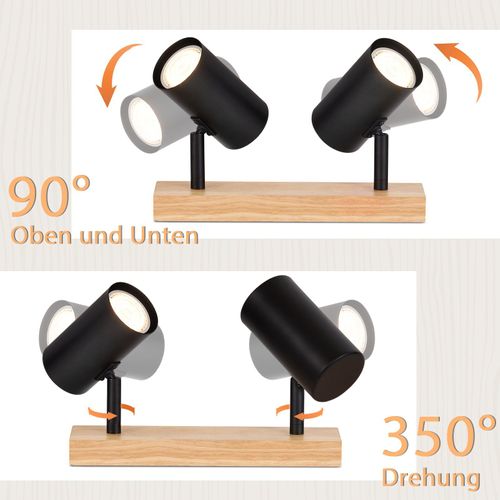 2 Spots De Plafond Bois Noir Gu10 Orientables à 350°style Rétro Industriel Pour Salon