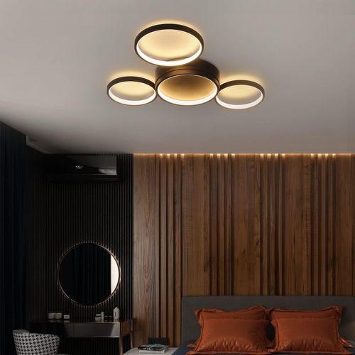 Plafonnier LED Design 29w Noir 4 Anneaux Blanc Chaud Moderne Salon Chambre