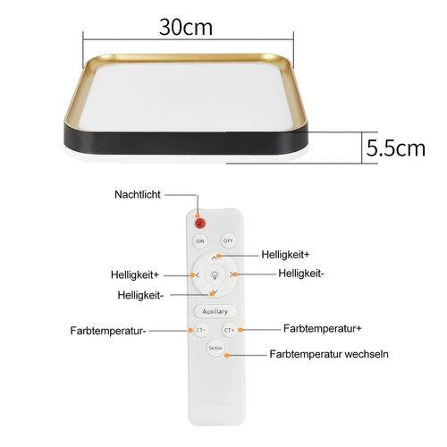 Plafonnier LED Carré 32w 30cm Noir Or Dimmable Télécommande Moderne Salon