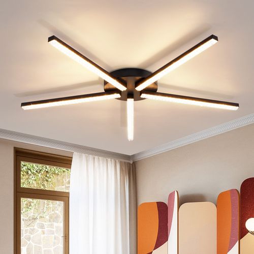 Plafonnier LED 24w 63cm Noir 5 Têtes Cristal Blanc Chaud Moderne Salon