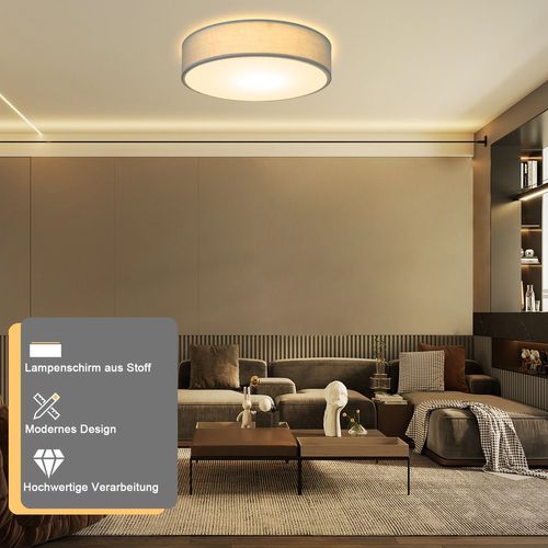 Plafonnier Rond Tissu Gris 30cm E27 Moderne Salon Chambre Couloir