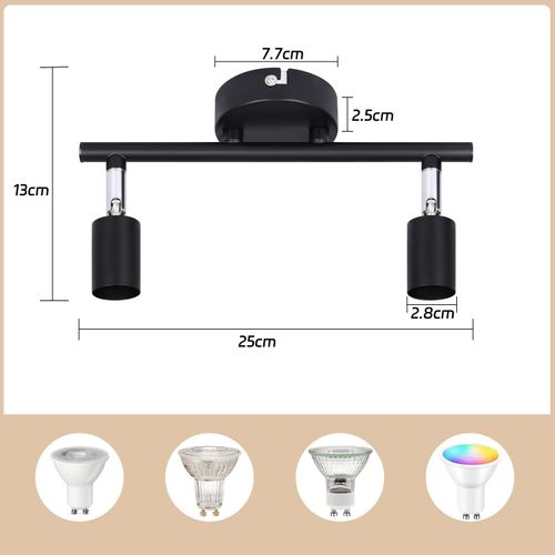 Plafonnier 2 Spots LED Noir Pivotants 330° Gu10 Couloir Chambre Salon