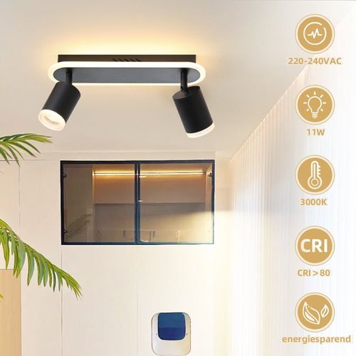 Plafonnier 2 Spots LED Noir Gu10 Métal Orientable 330° Blanc Chaud