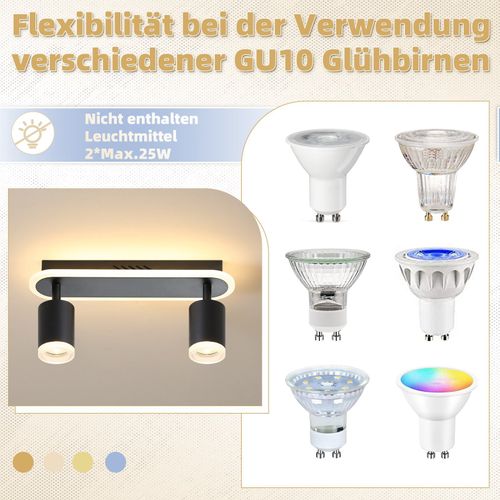Plafonnier 2 Spots LED Noir Gu10 Métal Orientable 330° Blanc Chaud