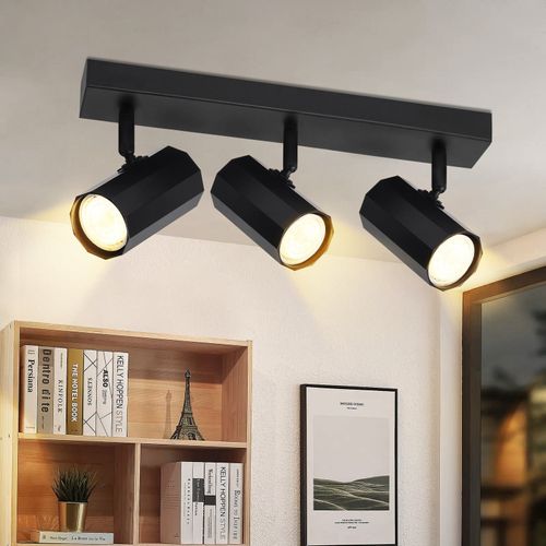 Plafonnier 3 Spots Noir Rétro Gu10 Métal Orientable 350° Cuisine Salon