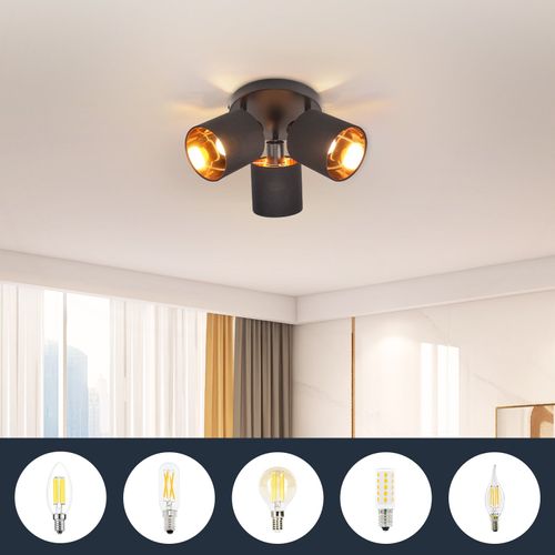 3 Spots De Plafond Noir Vintage E14 Pivotants à 350° Max.25w Avec Écran En Tissu (sans Ampoule)