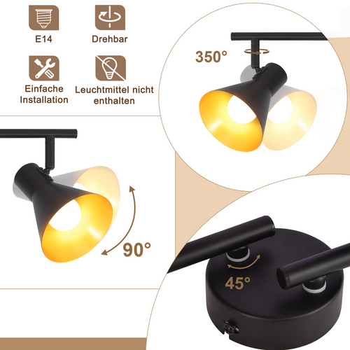 4 Spots Plafonnier Noir Vintage 71cm E14 Métal Pivotant à 330°industriel