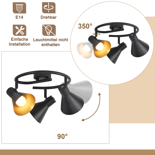 3 Spots Plafonnier Salon Noir Cuisine E14 Vintage Pivotante à 330°industriel En Métal
