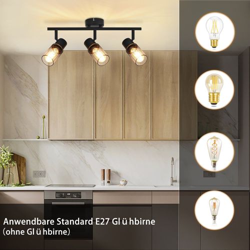 Plafonnier 3 Spots Noir Vintage E27 Pivotant à 330°abat-jour En Métal. 25w Sans Ampoule